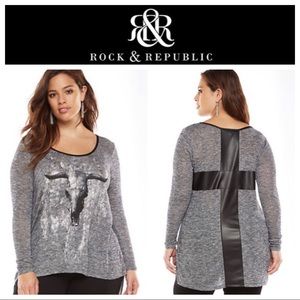 Rock & Republic Grey & Metallic Top w/ Faux Leather Trim